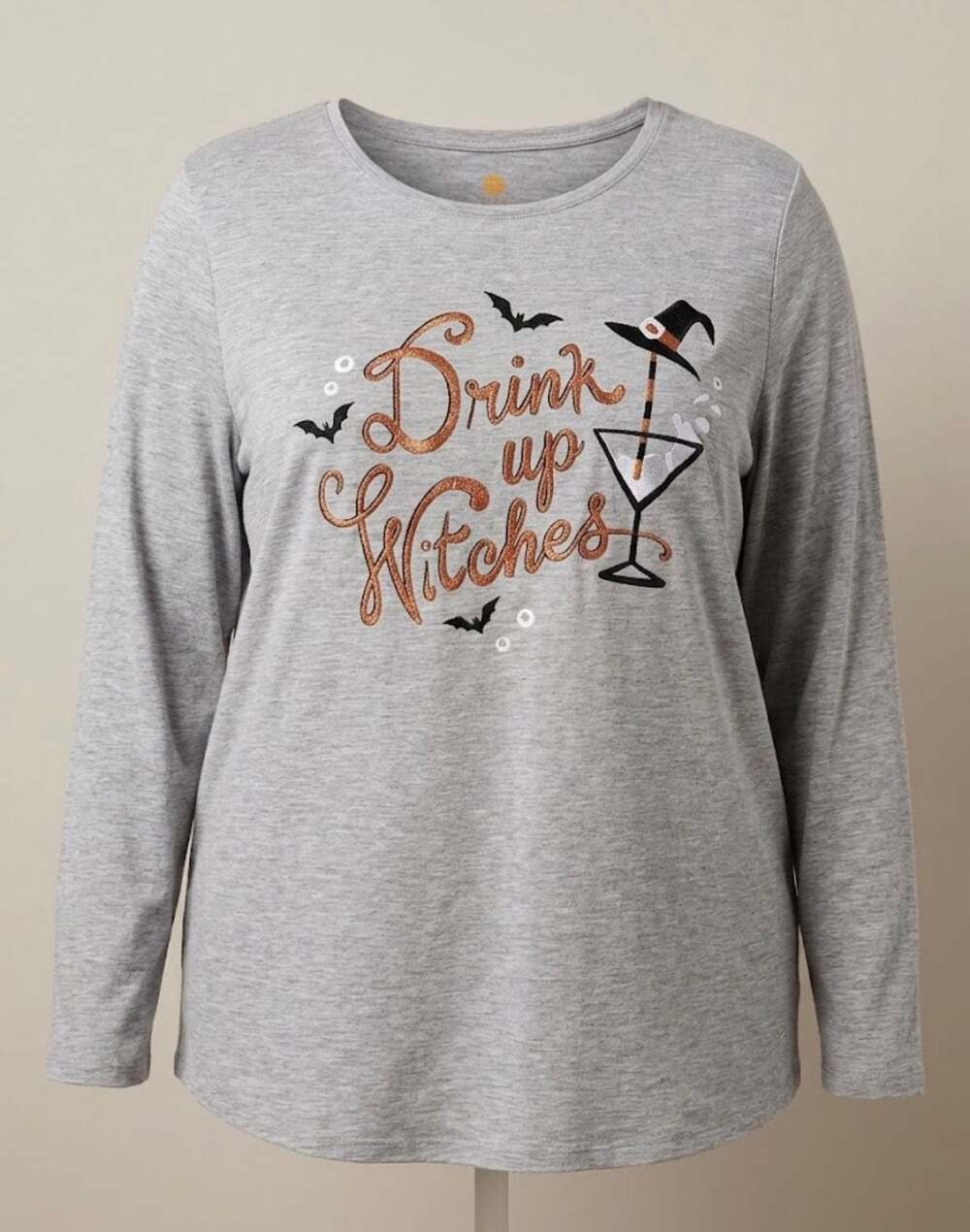 Holiday Time Womens Plus Drink Up Witches Long Sleeve Halloween Glitter Gray 18